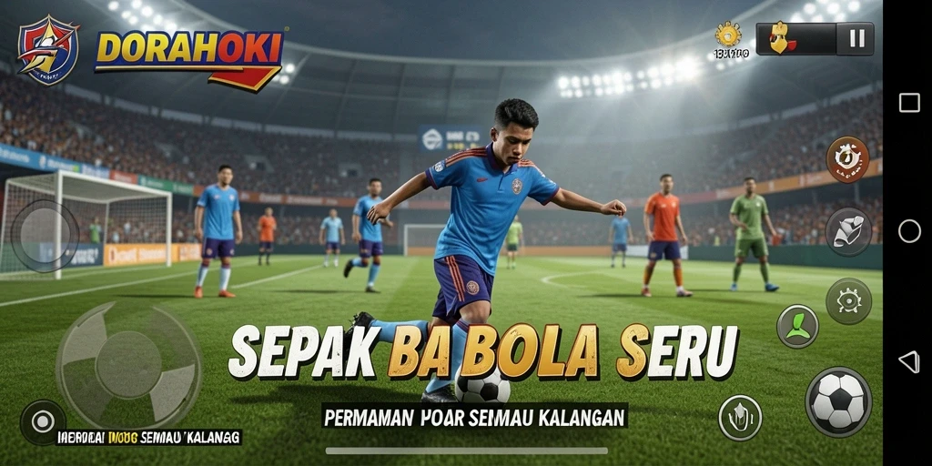 Screenshot utama DORAHOKI menampilkan aksi seru di lapangan sepak bola.