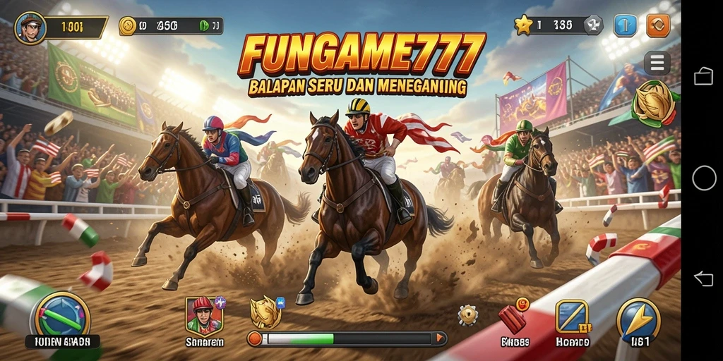 Tampilan utama gameplay FUNGAME777 yang menampilkan mobil balap dalam aksi.