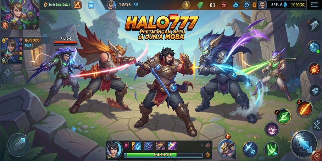 Screenshot utama HALO777 menunjukkan aksi pertarungan mendebarkan di arena MOBA.