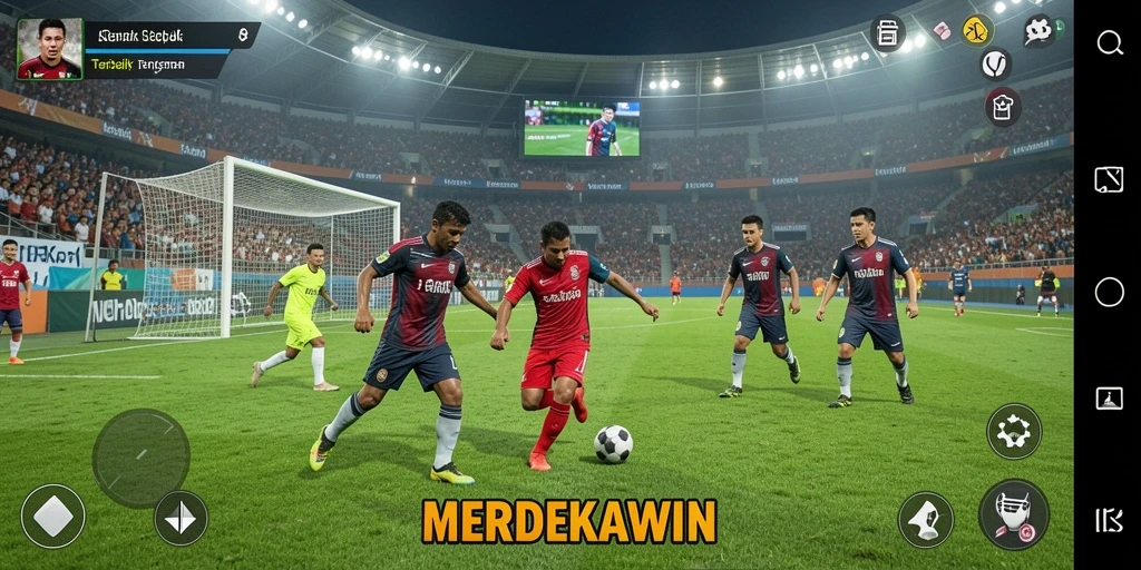 Tangkapan layar gameplay aktif dari MERDEKAWIN dalam aksi sepak bola.