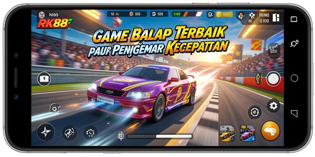 Screenshot RK88 menunjukkan aksi balapan yang menegangkan dan mobil yang mengesankan.