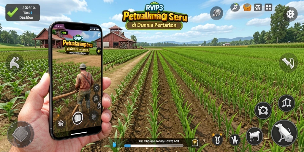 Screenshot gameplay RVIP3 menampilkan keindahan lahan pertanian.